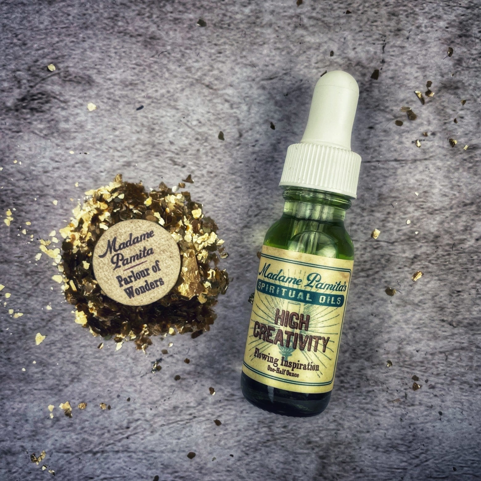 High Creativity Oil by Madame Pamita from Parlour of Wonders, featuring a dark glass bottle with ornate label and dropper cap.