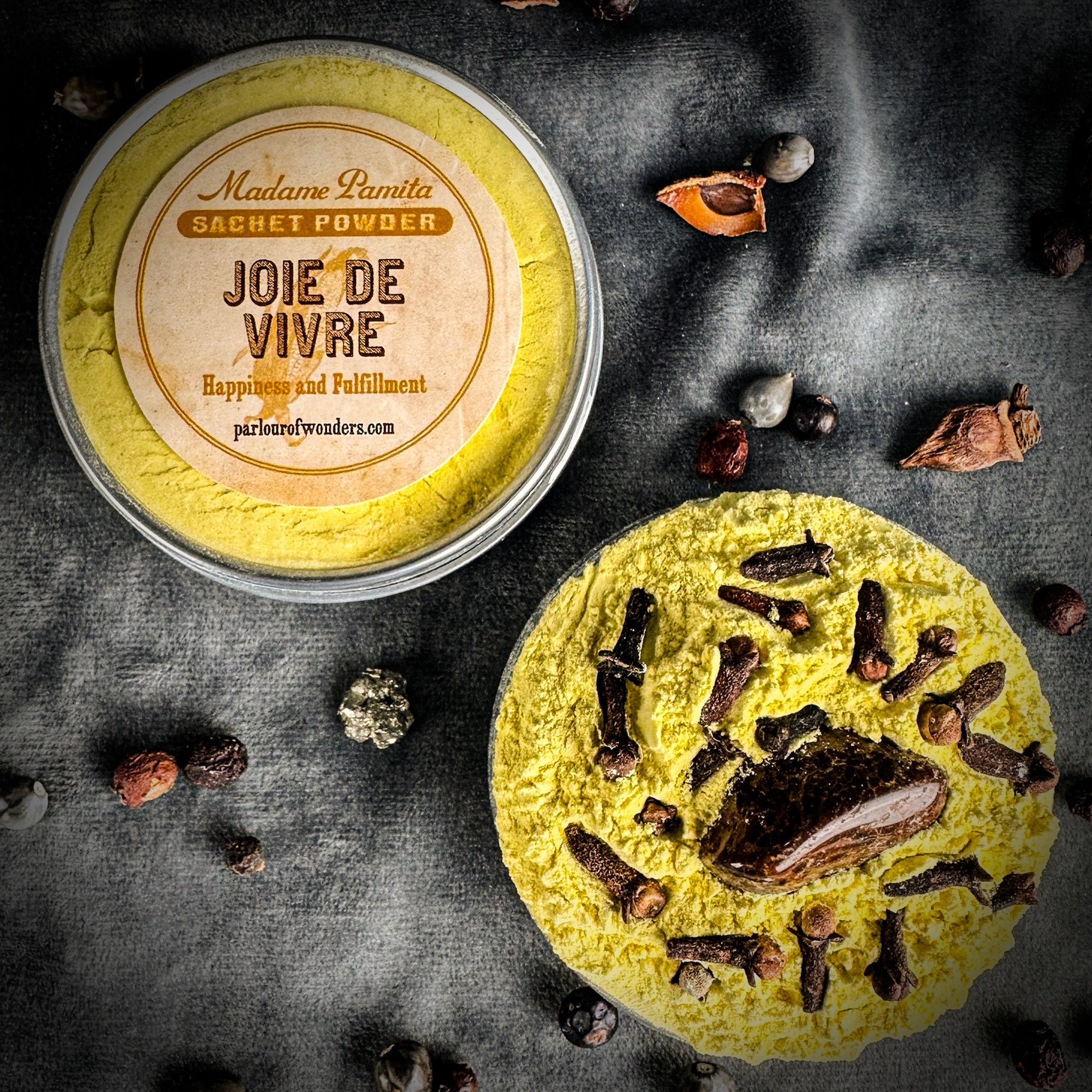 Joie de Vivre Sachet Powder by Madame Pamita from Parlour of Wonders, in a small decorative sachet for spiritual or ritual use.