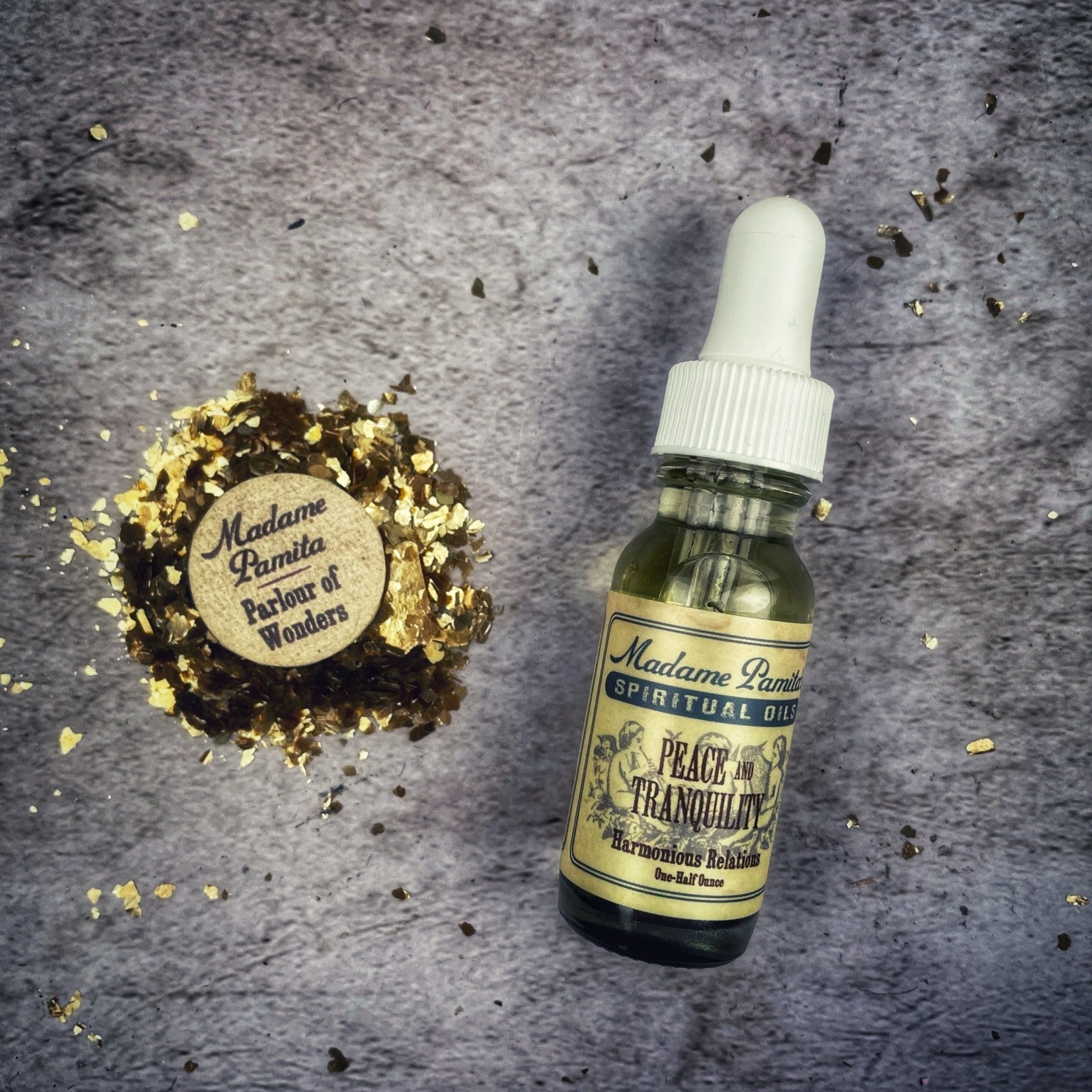 Peace and Tranquility oil by Madame Pamita from Parlour of Wonders, featuring a small glass bottle with a dropper and calming herbal ingredients.