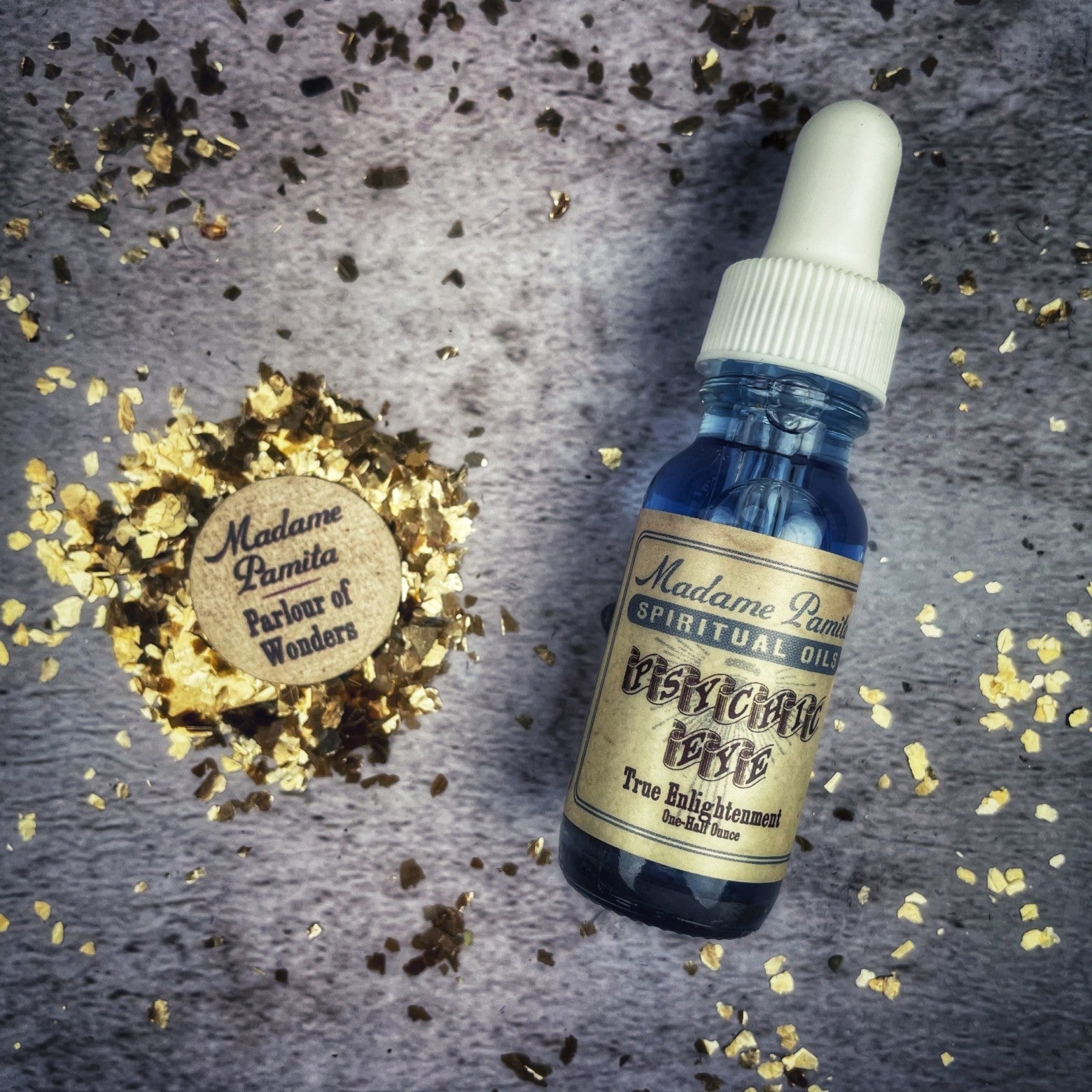 Psychic Eye Oil by Madame Pamita from Parlour of Wonders, featuring a glass bottle with a dropper and mystical branding.