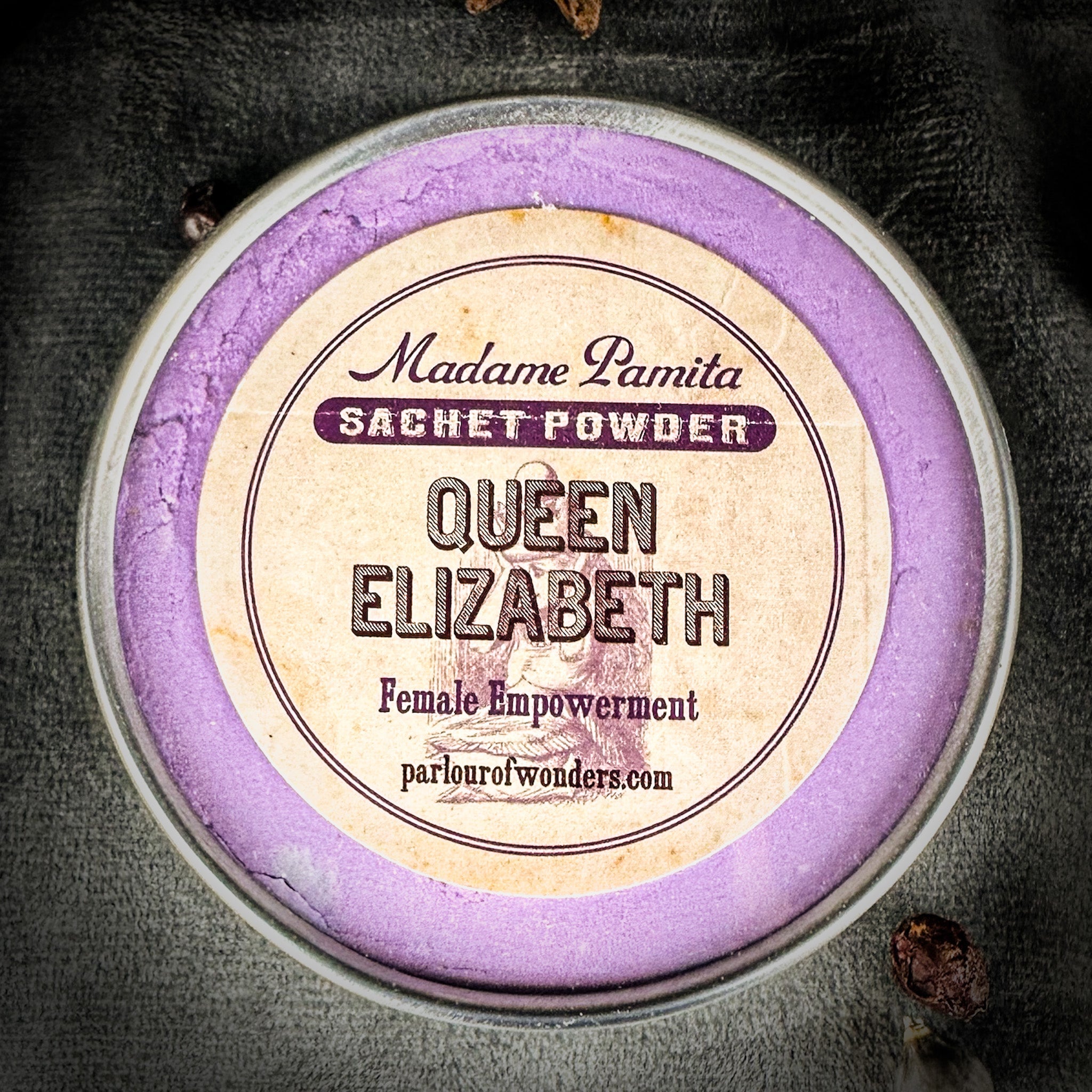 Queen Elizabeth Sachet Powder by Madame Pamita from Parlour of Wonders, featuring a vintage-inspired sachet with decorative design.
