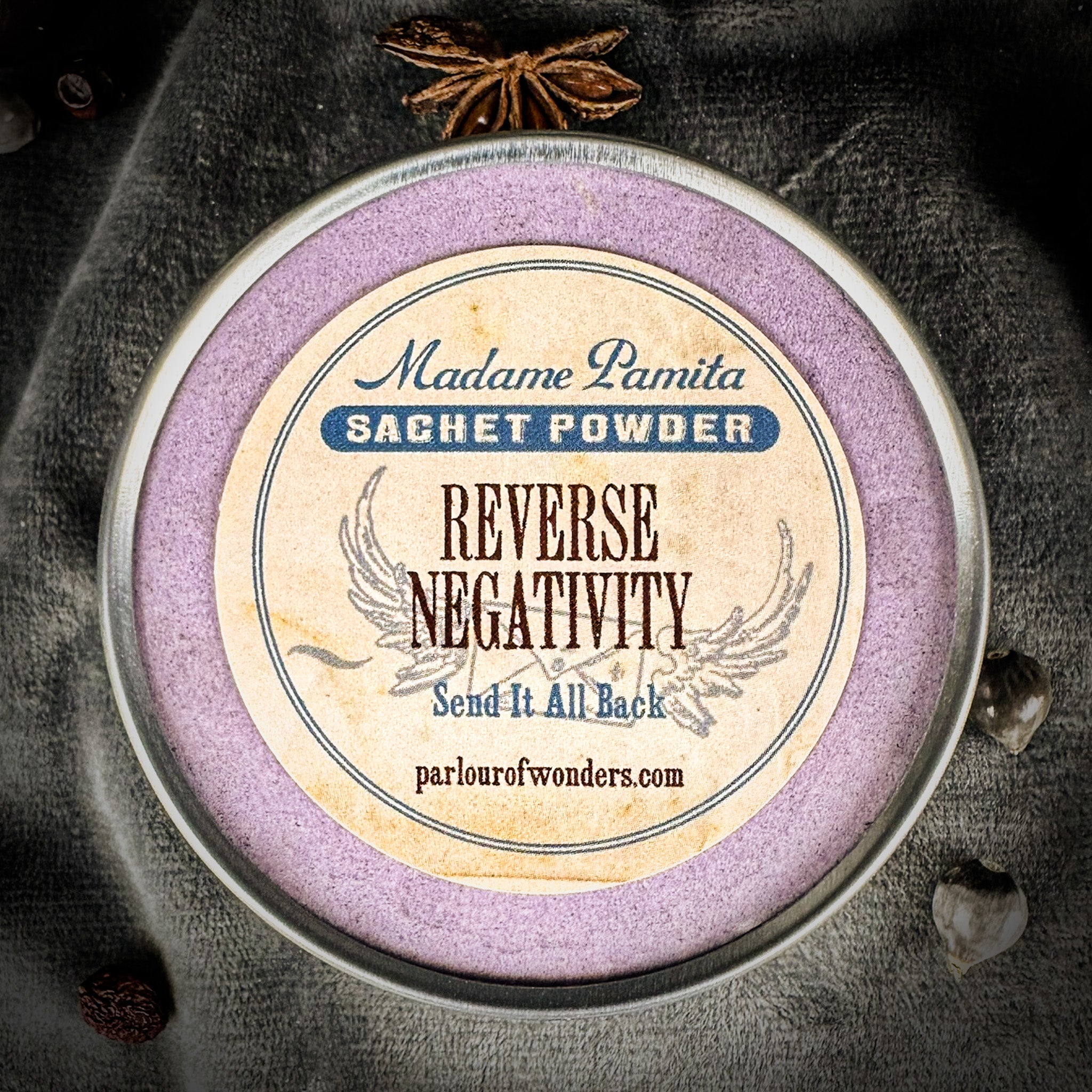 Reverse Negativity Sachet Powder by Madame Pamita, a calming herbal powder with natural ingredients for negative energy cleansing.