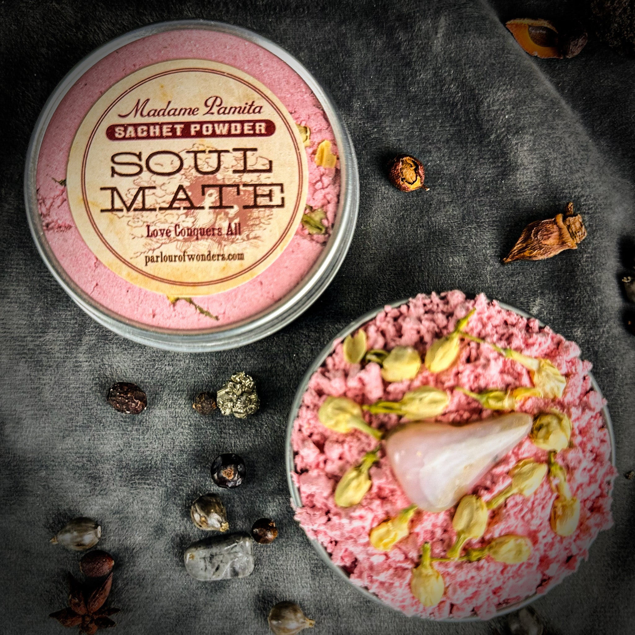 Soul Mate Sachet Powder by Madame Pamita from Parlour of Wonders, showing a small sachet of mystical powder for attraction.
