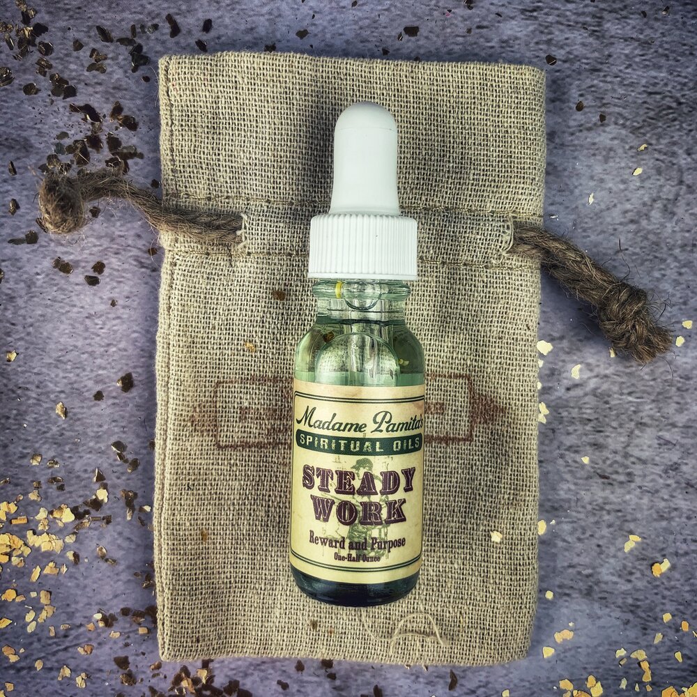 Bottle of Steady Work Oil by Madame Pamita from Parlour of Wonders, featuring dark glass and a label with mystical symbols.
