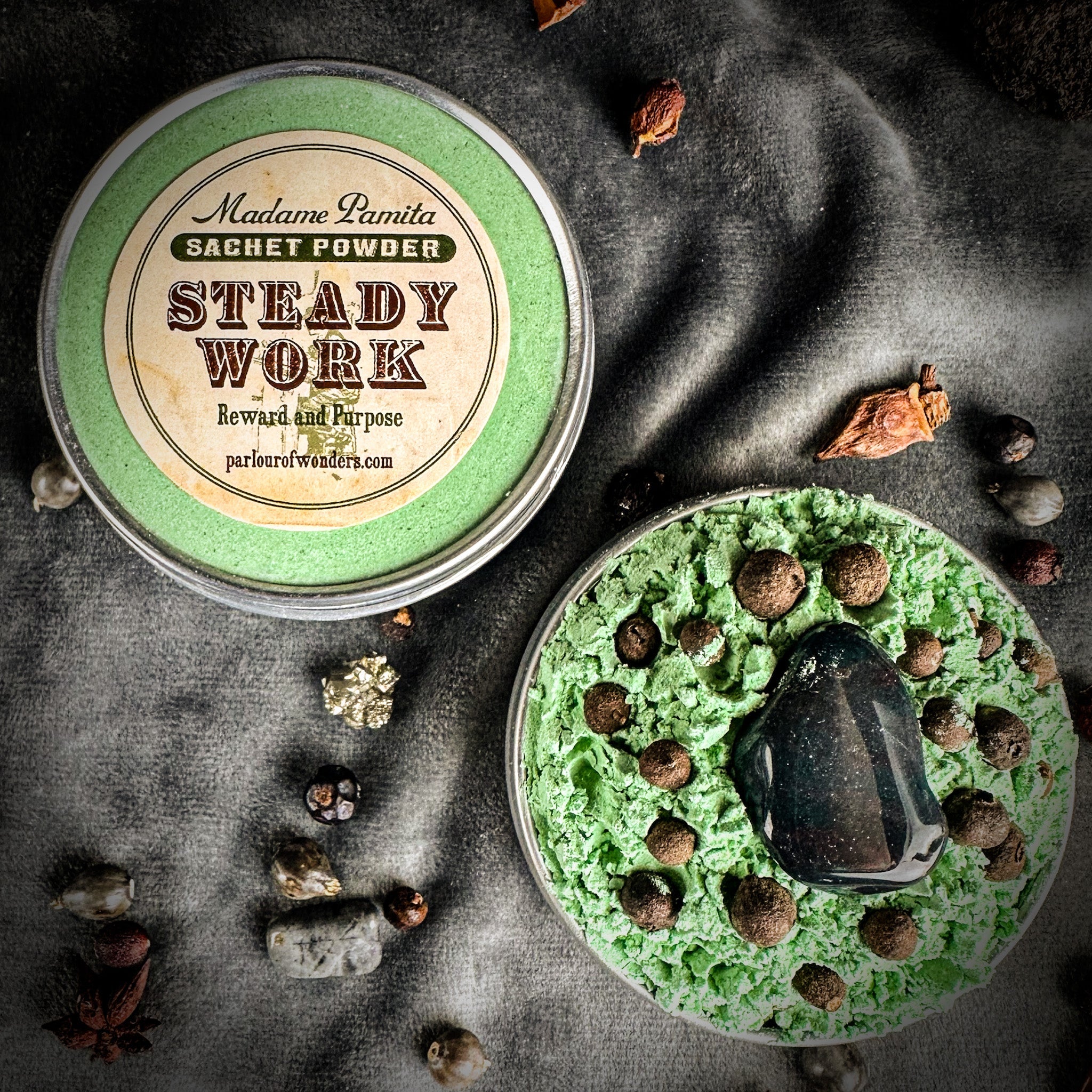 Steady Work Sachet Powder by Madame Pamita from Parlour of Wonders, featuring a small, labeled herbal powder packet on a white background.