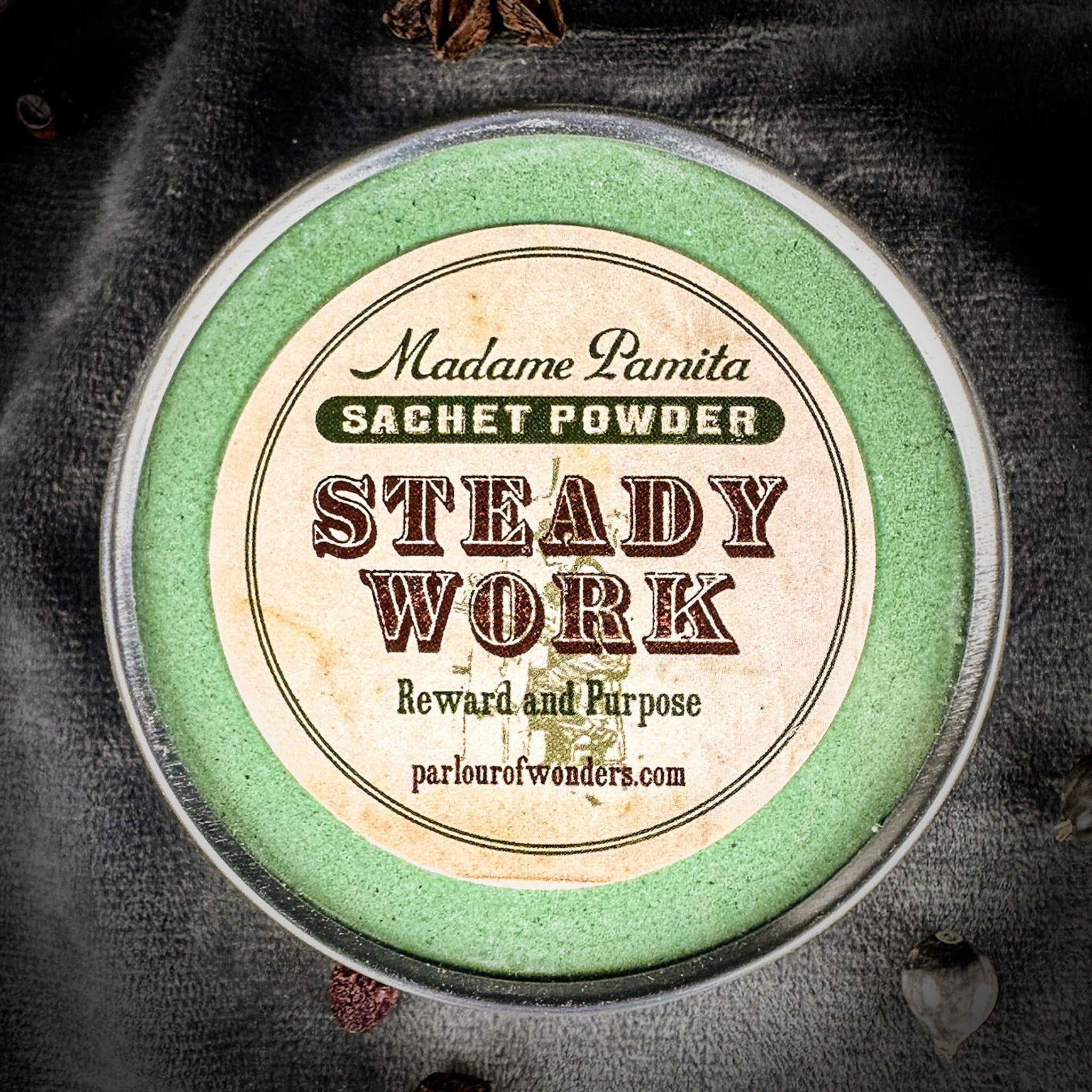 Steady Work Sachet Powder by Madame Pamita, a herbal blend in a small sachet for ritual use, from Parlour of Wonders.
