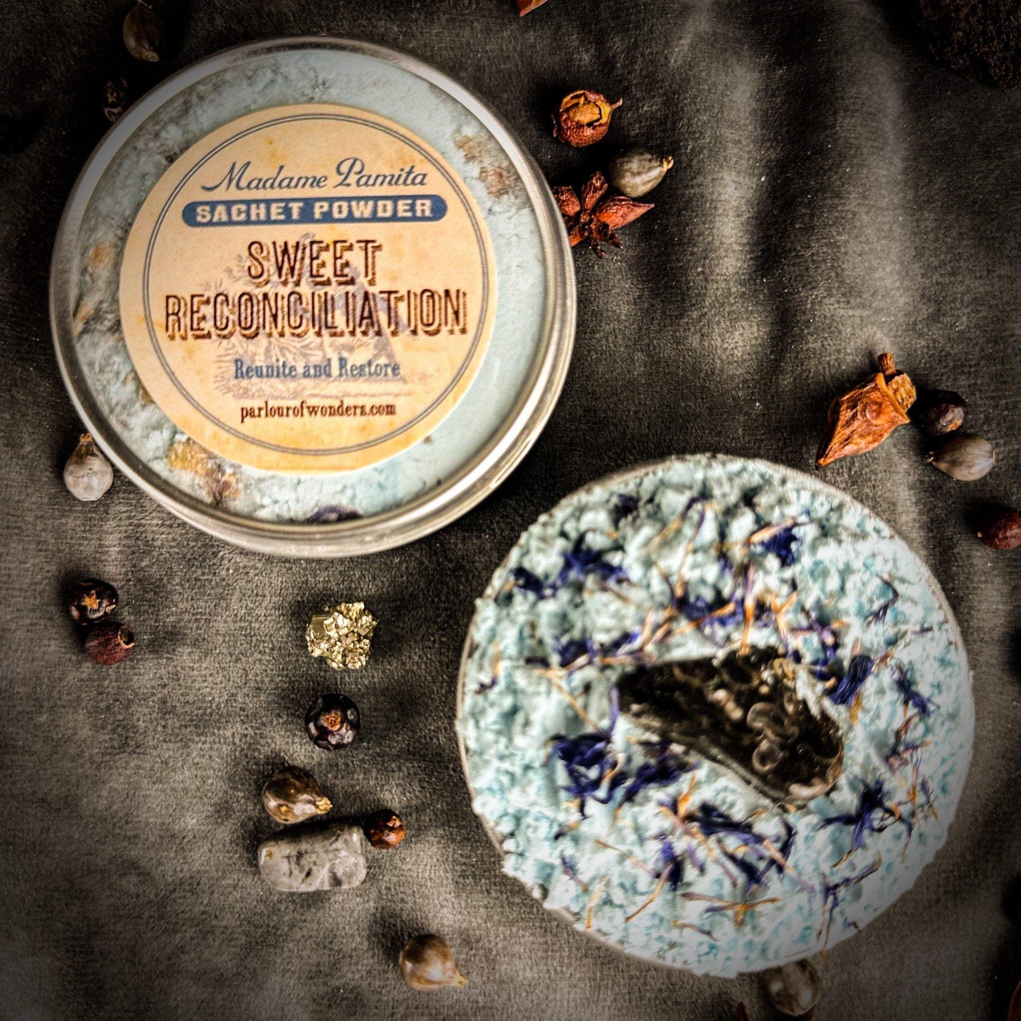 Sweet Reconciliation Sachet Powder by Madame Pamita from Parlour of Wonders, displayed in a small, sealed sachet for spiritual purposes.