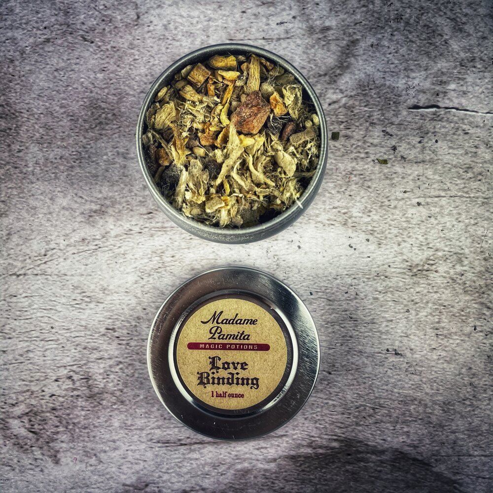 Love Binding Potion Spell Kit by Parlour of Wonders with potion tin and heart-shaped infuser for romantic magic.