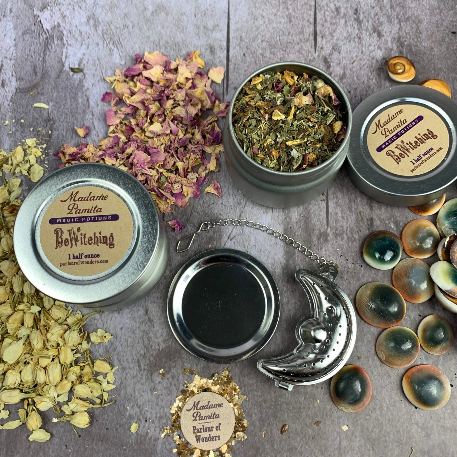 Parlour of Wonders Bewitching Potion Spell Kit with potion tin and moon infuser for magical brewing and spellcasting.