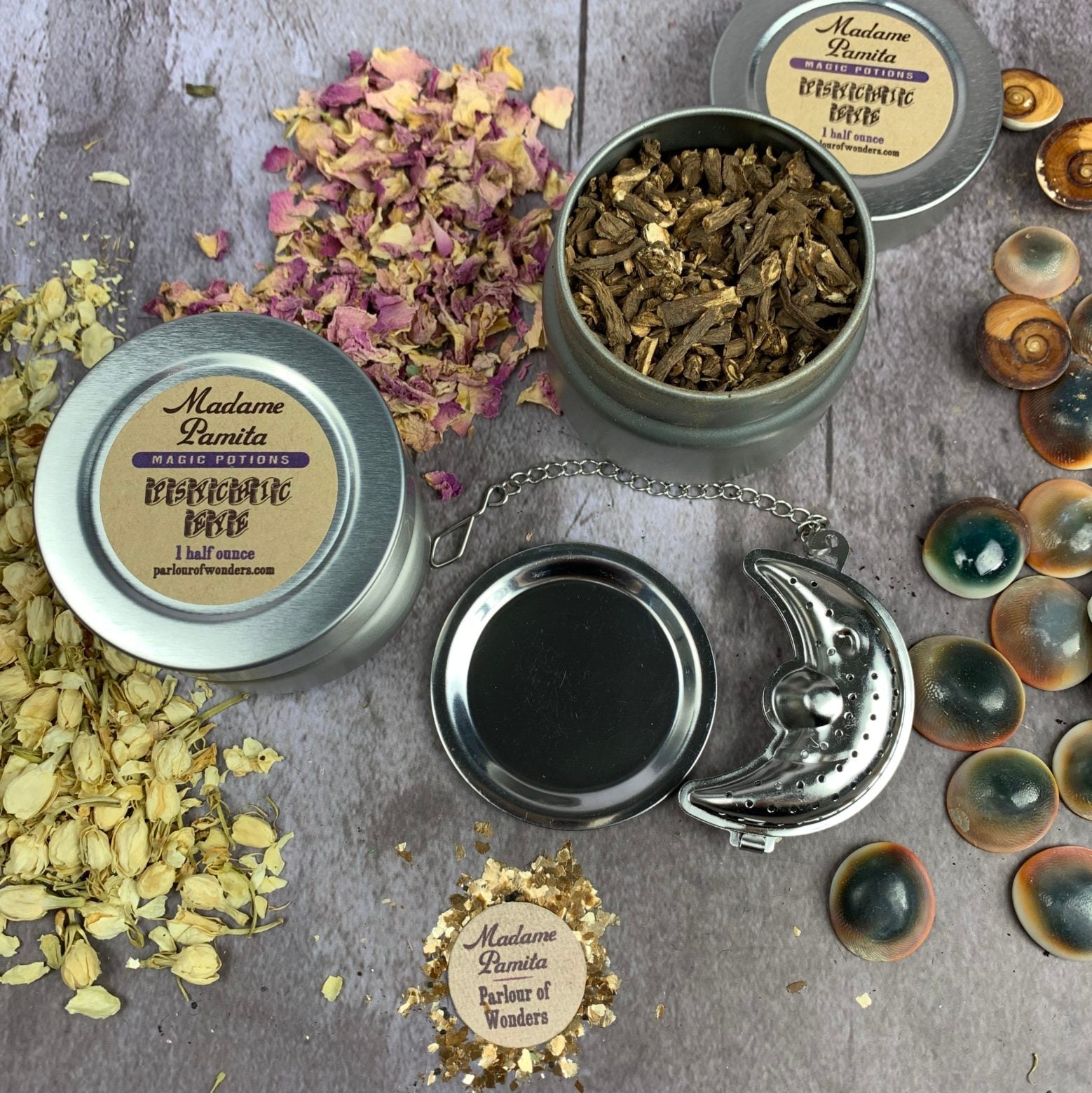 Psychic Eye Potion Spell Kit by Parlour of Wonders, including potion tin and moon infuser with mystical symbols.