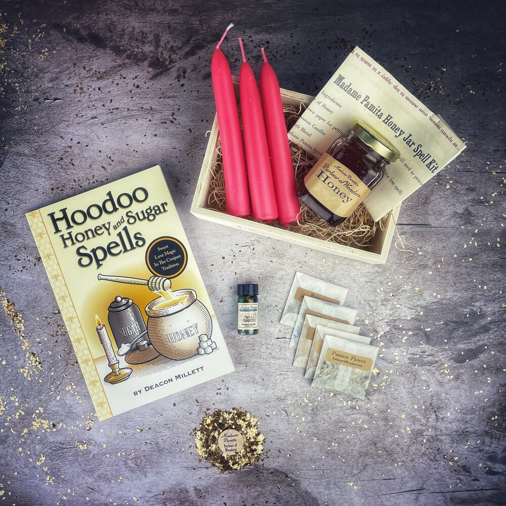 Parlour of Wonders Honey Jar Spell Kit with a glass jar, herbs, and ingredients for love magic rituals.