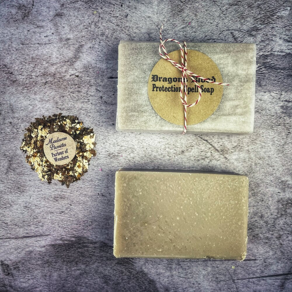 Dragon's Blood Protection Spell Soap by Parlour of Wonders, dark red handcrafted soap with mystical protection ingredients.