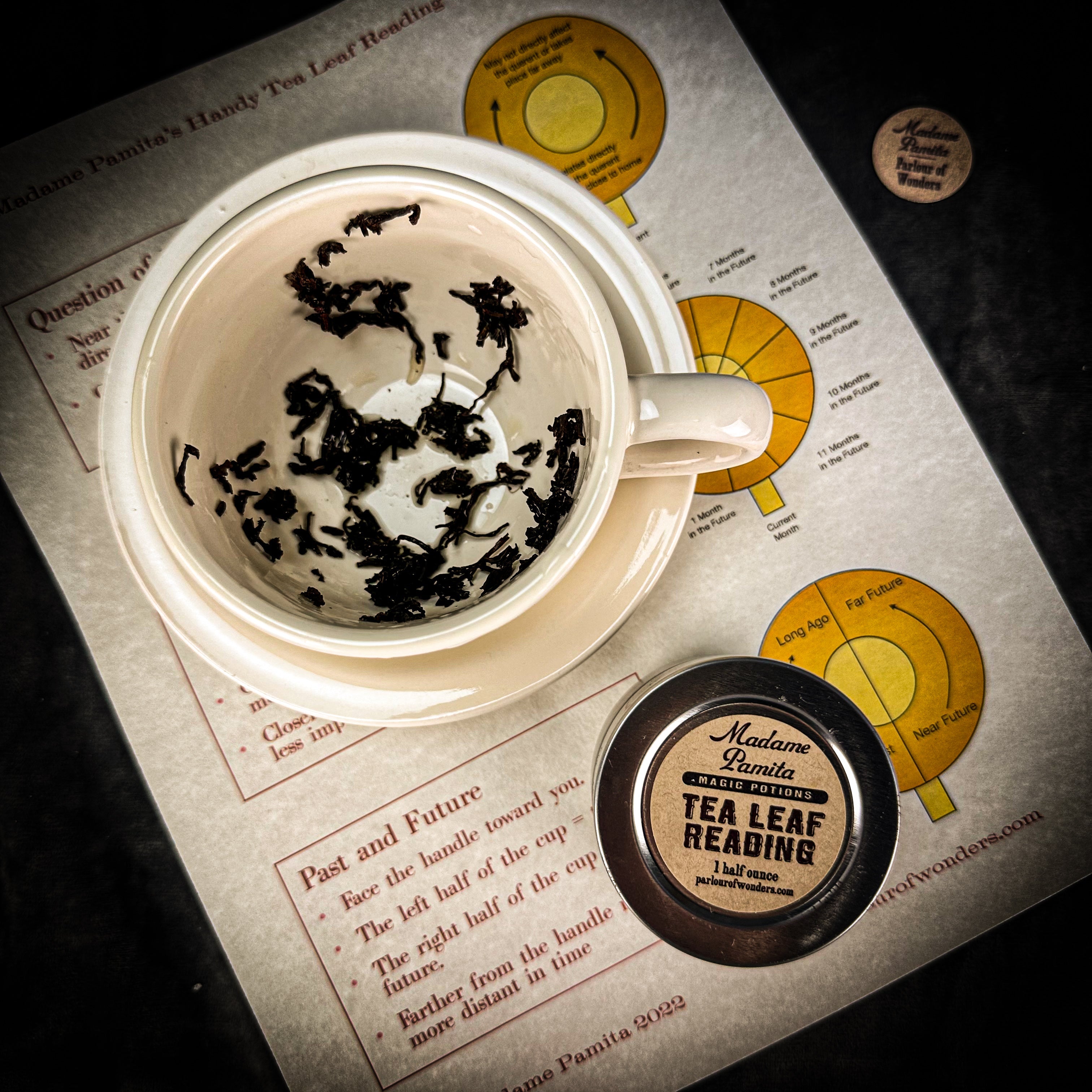 Deluxe Tea Leaf Reading Kit by Parlour of Wonders with tea leaves and reading accessories for fortune-telling.
