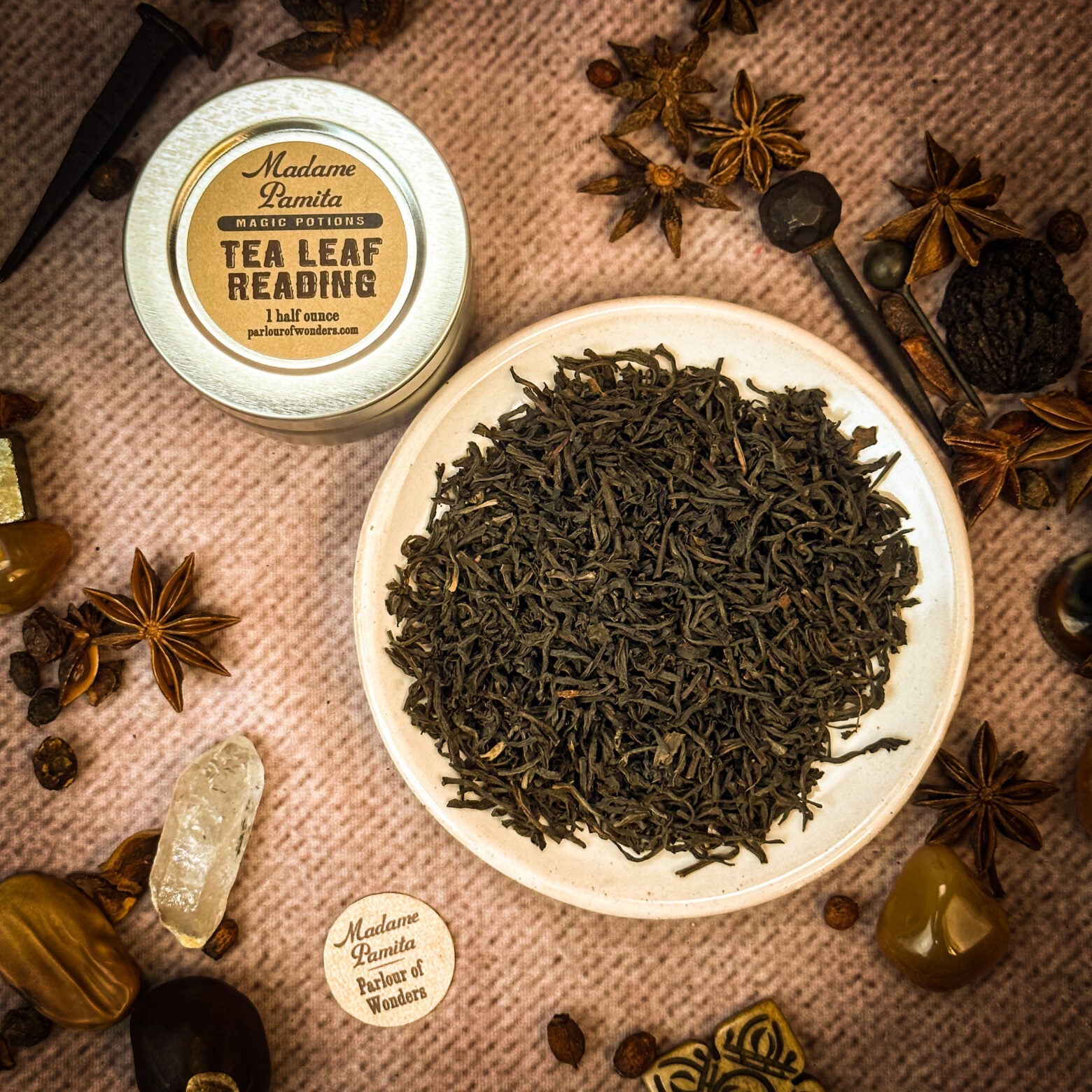 Deluxe Tea Leaf Reading Kit by Parlour of Wonders featuring tea leaves, reading guide, and accessories for tea leaf fortune telling.
