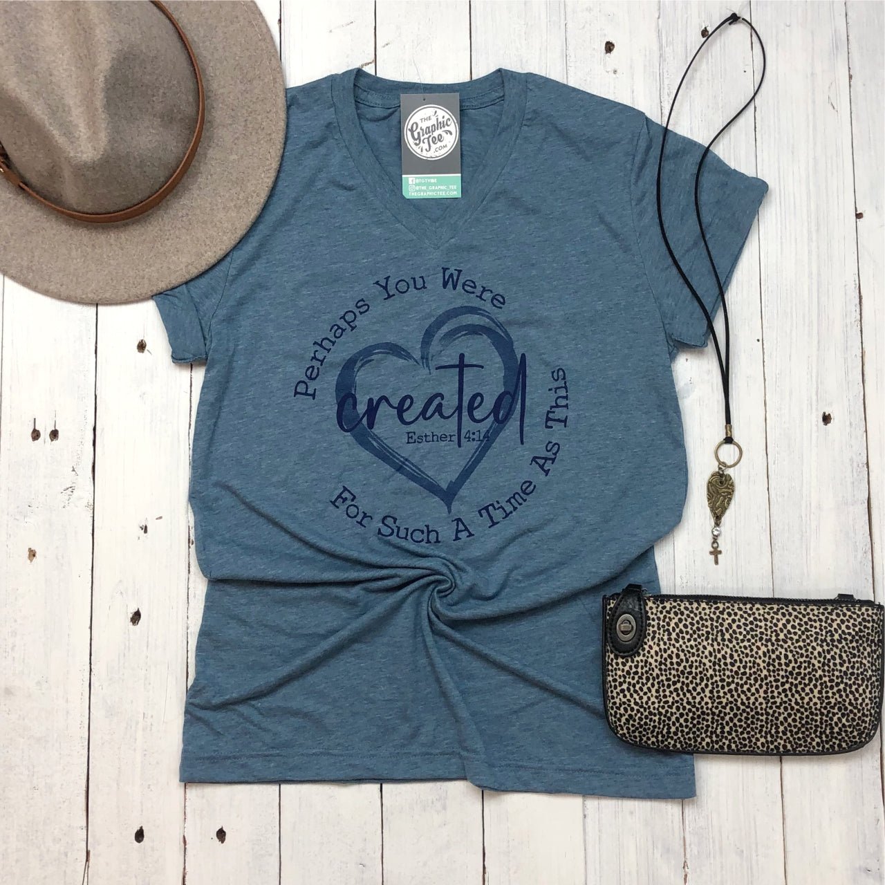 Soft gray SS graphic tee from The Graphic Tee featuring the inspirational phrase "Perhaps You Were Created for Such a Time as This" in bold lettering.