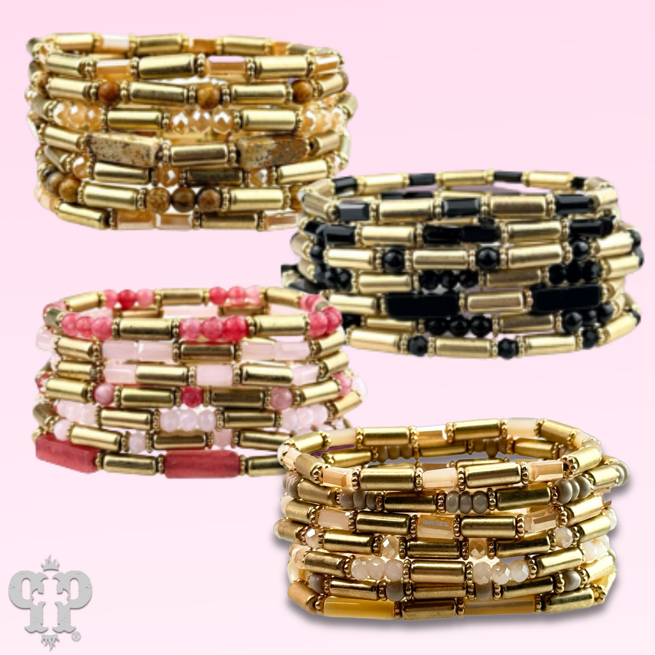 Matte gold and mixed bead bracelet from Pink Panache Brands featuring black matte beads and stylish gold accents.