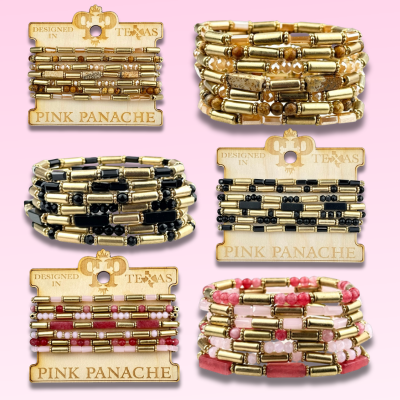 Matte gold and mixed bead bracelet by Pink Panache Brands featuring black matte beads and colorful accent beads.
