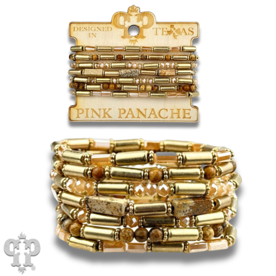 Matte gold and mixed bead bracelet by Pink Panache Brands featuring black matte finish and colorful beaded accents.