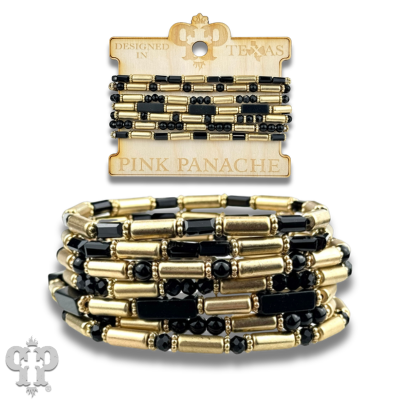 Matte gold and mixed bead bracelet by Pink Panache Brands featuring black matte accents and colorful bead details.