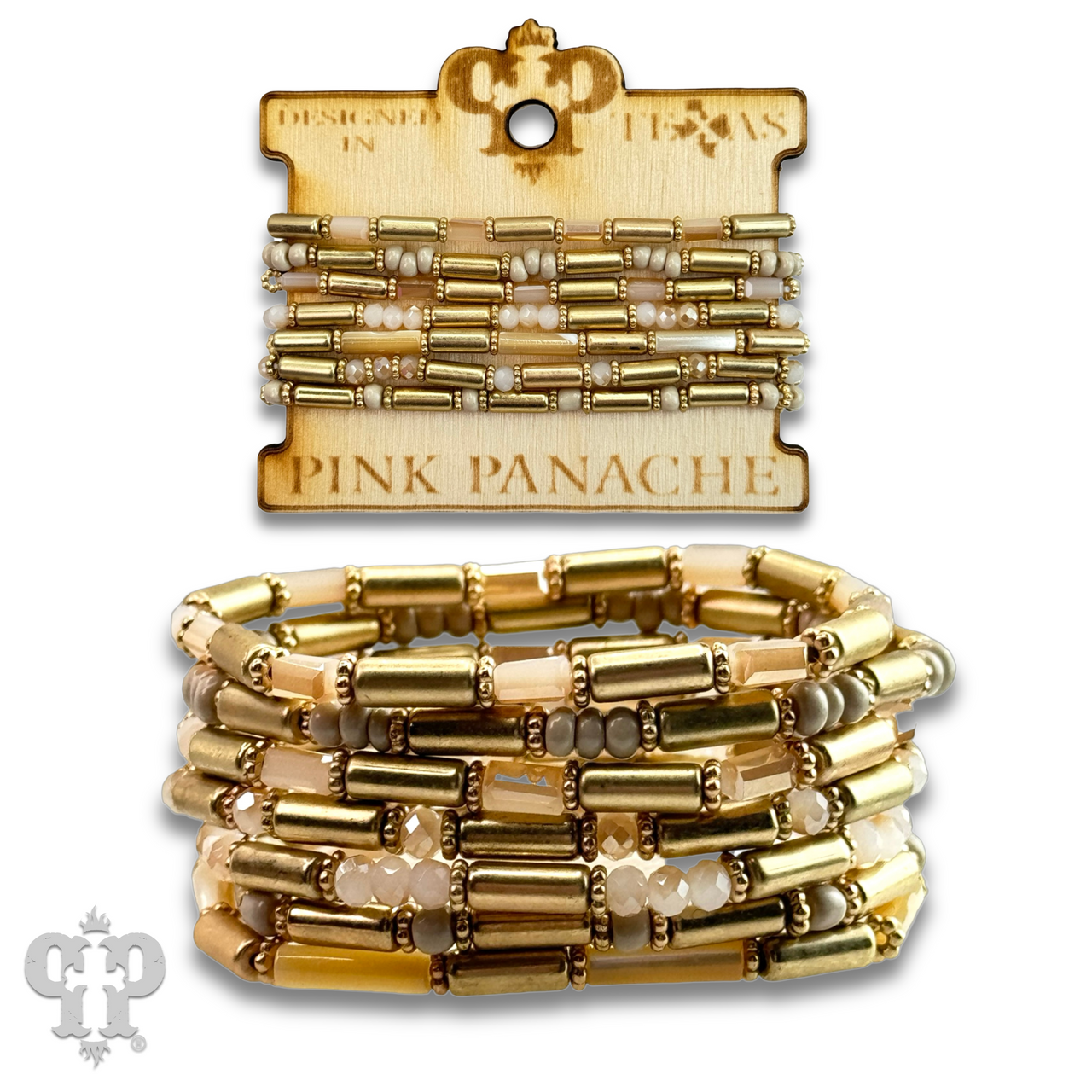 Matte gold and mixed bead bracelet by Pink Panache Brands featuring black accents and various textured beads.