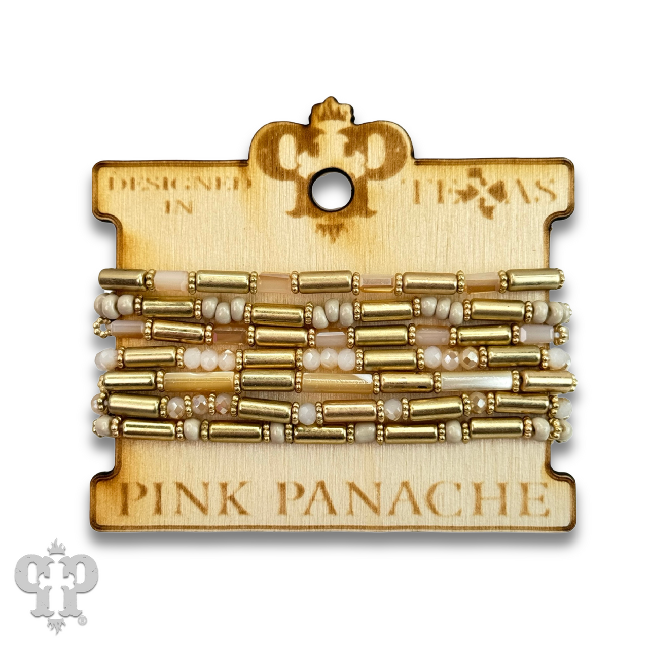 Matte gold and mixed bead bracelet by Pink Panache Brands featuring black and gold beads on a stylish bracelet design.
