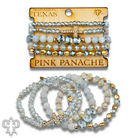 Multi-strand bracelet stack with pink faceted beads and rhinestone cross from Pink Panache Brands.