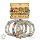 Pink Panache Brands faceted bead multi-strand bracelet stack with rhinestone cross, featuring blue beads and layered design.