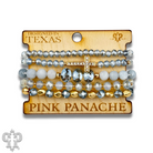 Multi-strand bracelet stack with pink faceted beads and rhinestone cross from Pink Panache Brands, featuring layered bracelet jewelry.