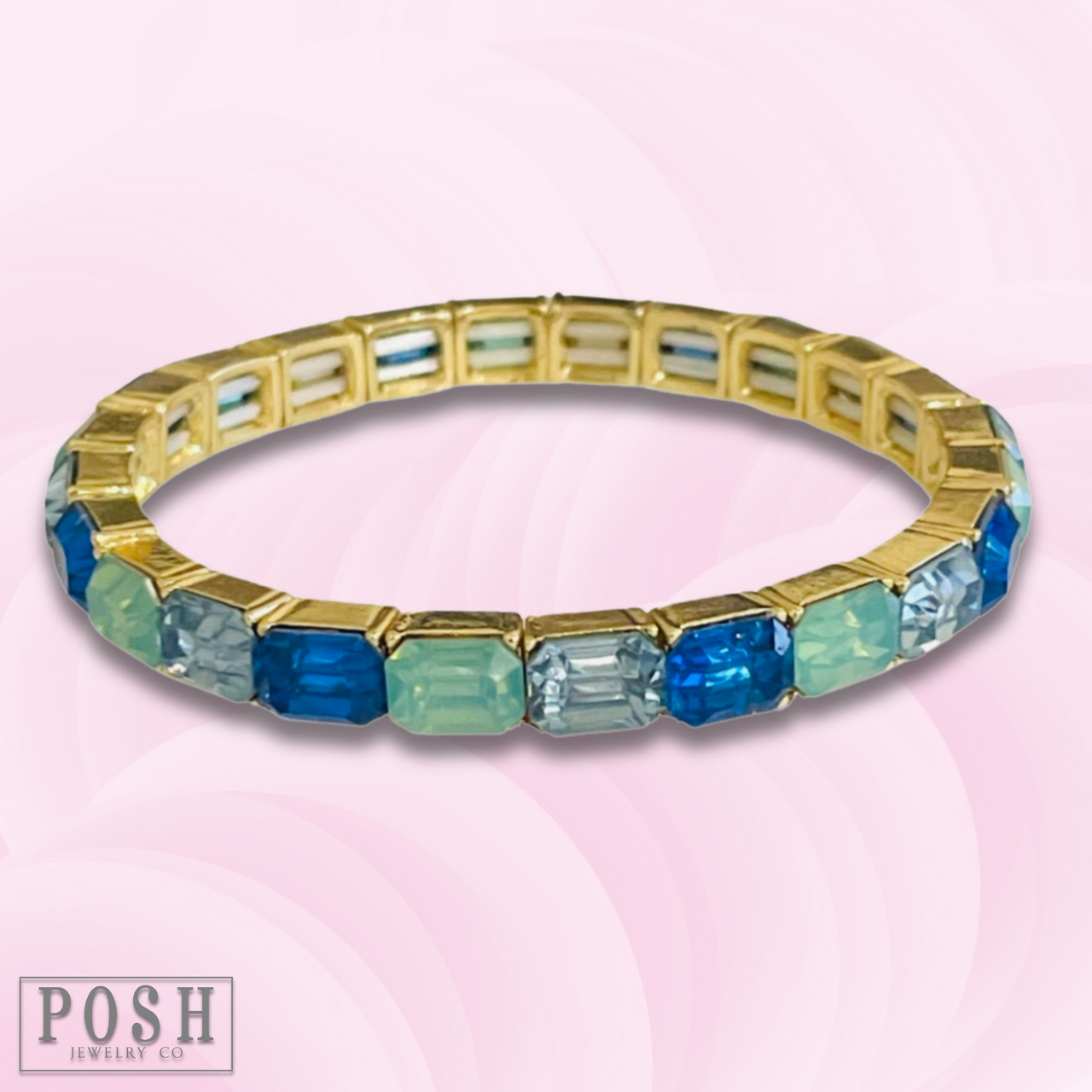 Pink Panache Brands rectangle rhinestone stretch bracelet with blue stones, elegant jewelry accessory for stylish occasions.