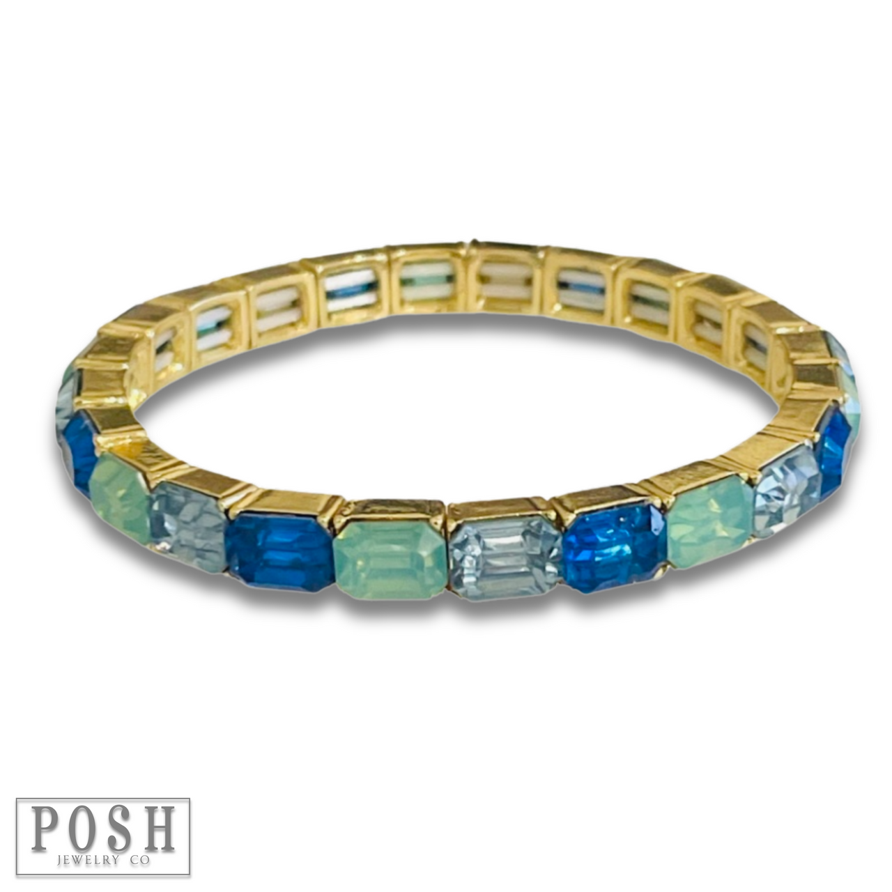Pink Panache Brands rectangle rhinestone stretch bracelet featuring blue rhinestones on a flexible band.