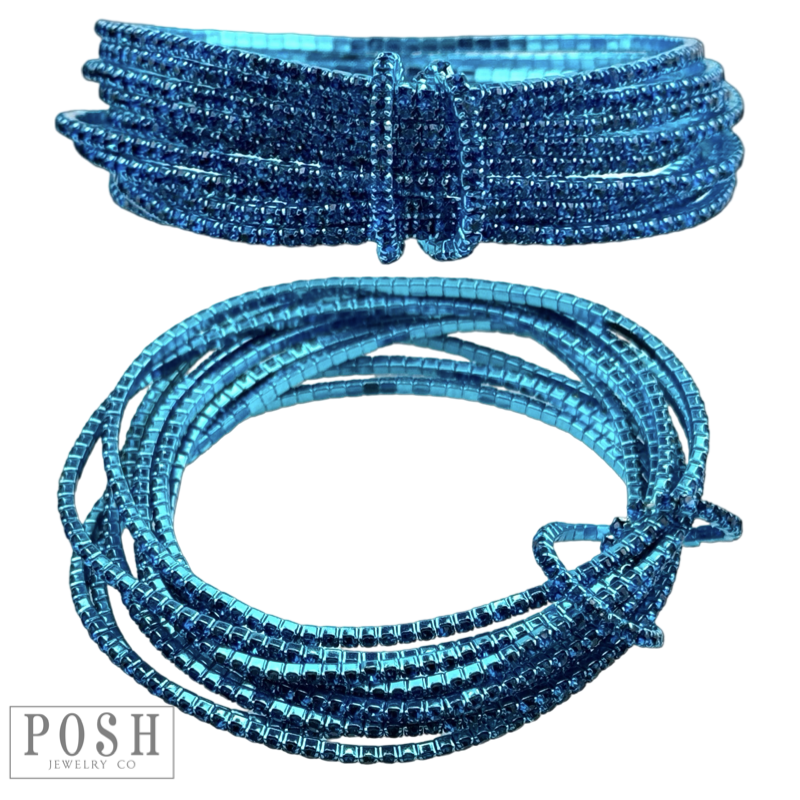 Set of pink and blue rhinestone stretch bracelets by Pink Panache Brands featuring tiny sparkling stones and elastic fit.