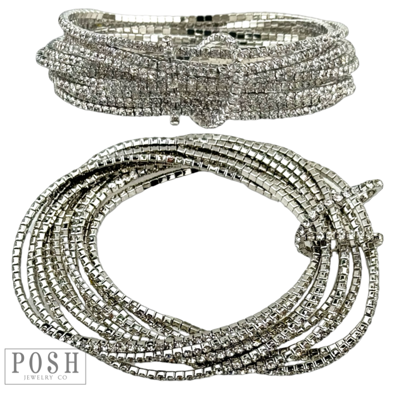 Set of pink and blue rhinestone stretch bracelets by Pink Panache Brands, featuring tiny sparkling rhinestones and elastic fit.