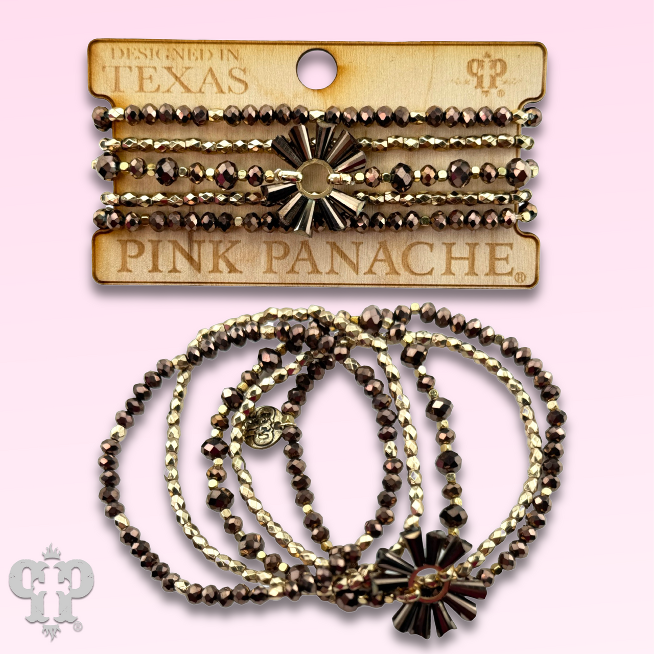 Bronze mixed bead bracelet set by Pink Panache Brands featuring assorted beaded bracelets with a stylish, handcrafted look.