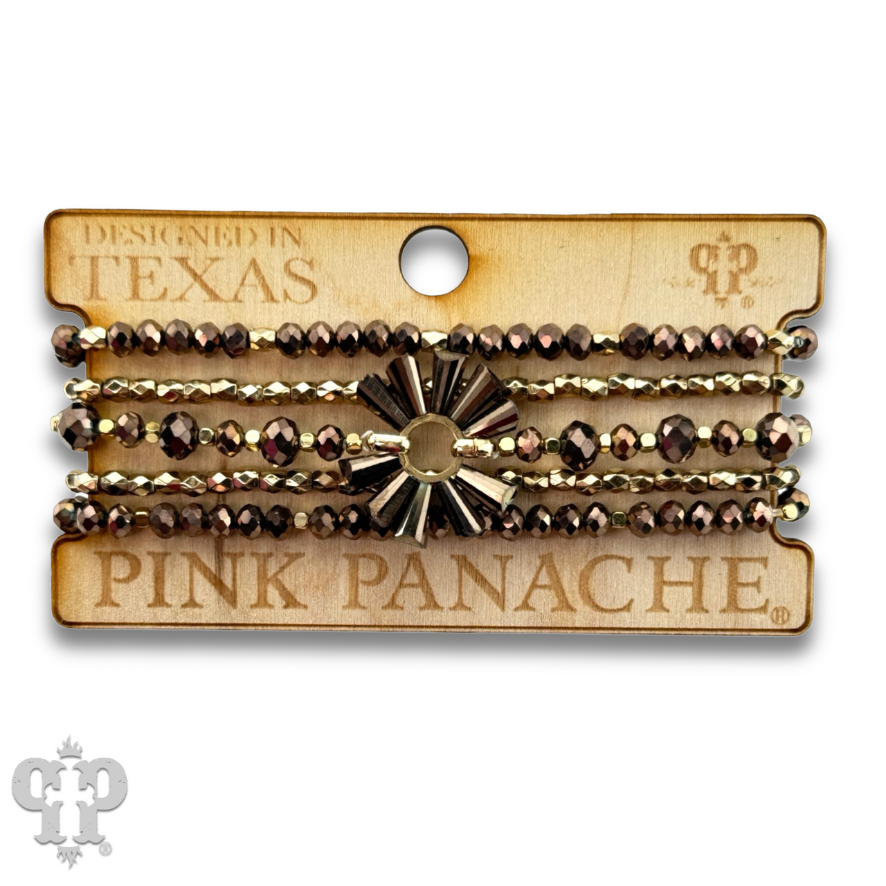 Set of bronze mixed bead bracelets from Pink Panache Brands showcasing various textured bronze beads and stylish designs.