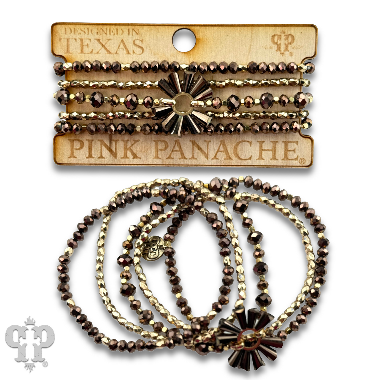 Set of bronze mixed bead bracelets by Pink Panache Brands, featuring various textured bronze beads in a stylish accessory set.