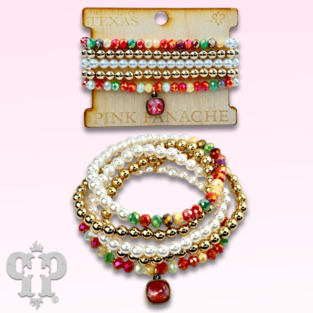 Five-strand crystal and pearl bead bracelet set by Pink Panache Brands featuring Austrian crystals and brown beads.