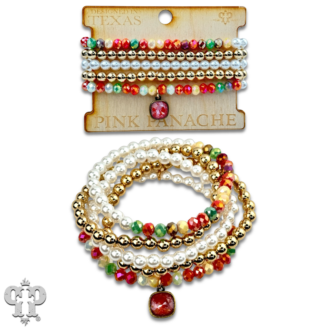 Five strand crystal and pearl bead bracelet set by Pink Panache Brands with Austrian crystals and brown beads, elegant jewelry for women
