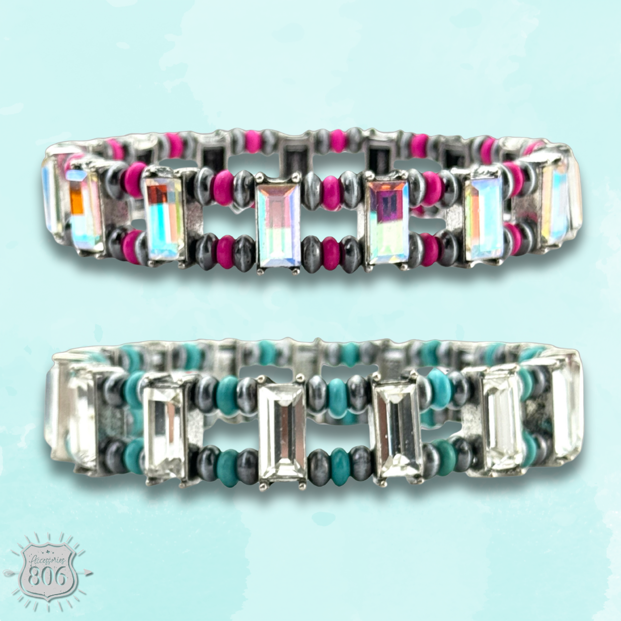Fuchsia Rhinestone and burnished bead bracelet by Pink Panache Brands, showcasing sparkling rhinestones and metallic beads on a stylish bracelet.