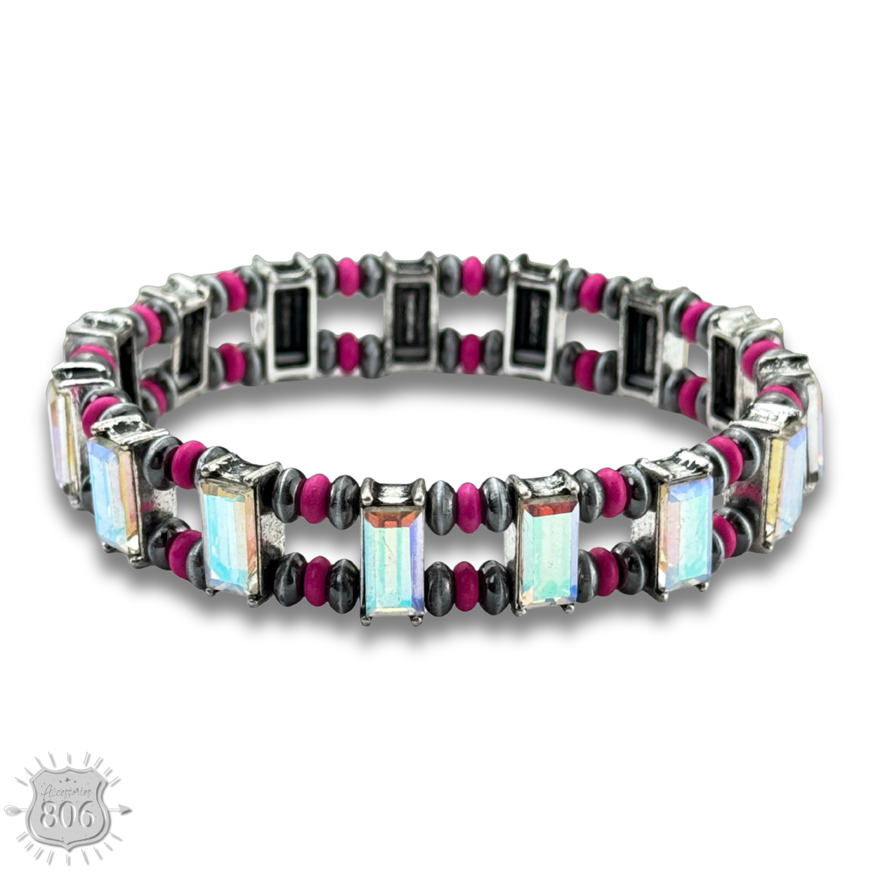 Fuchsia Pink Panache Brands bracelet with rhinestones and burnished beads, stylish jewelry accessory for women.
