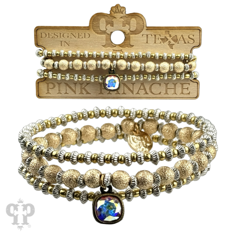 Gold foil texture bead stacked bracelet with Austrian crystals by Pink Panache Brands, featuring multiple beaded strands.