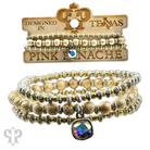 Gold foil texture bead stacked bracelet with Austrian crystals by Pink Panache Brands, featuring multiple beads and crystal accents.