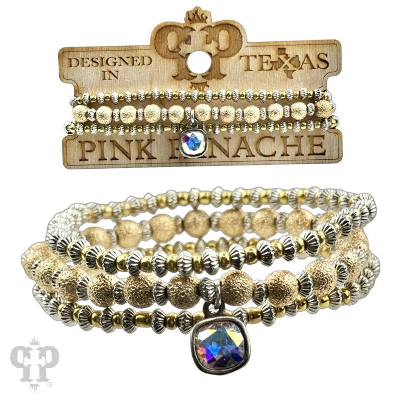 Gold foil texture bead stacked bracelet with Austrian crystals by Pink Panache Brands, featuring multiple beads and crystal accents.