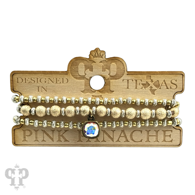 Gold foil texture bead stacked bracelet with Austrian crystals by Pink Panache Brands, featuring shiny beads and elegant design.