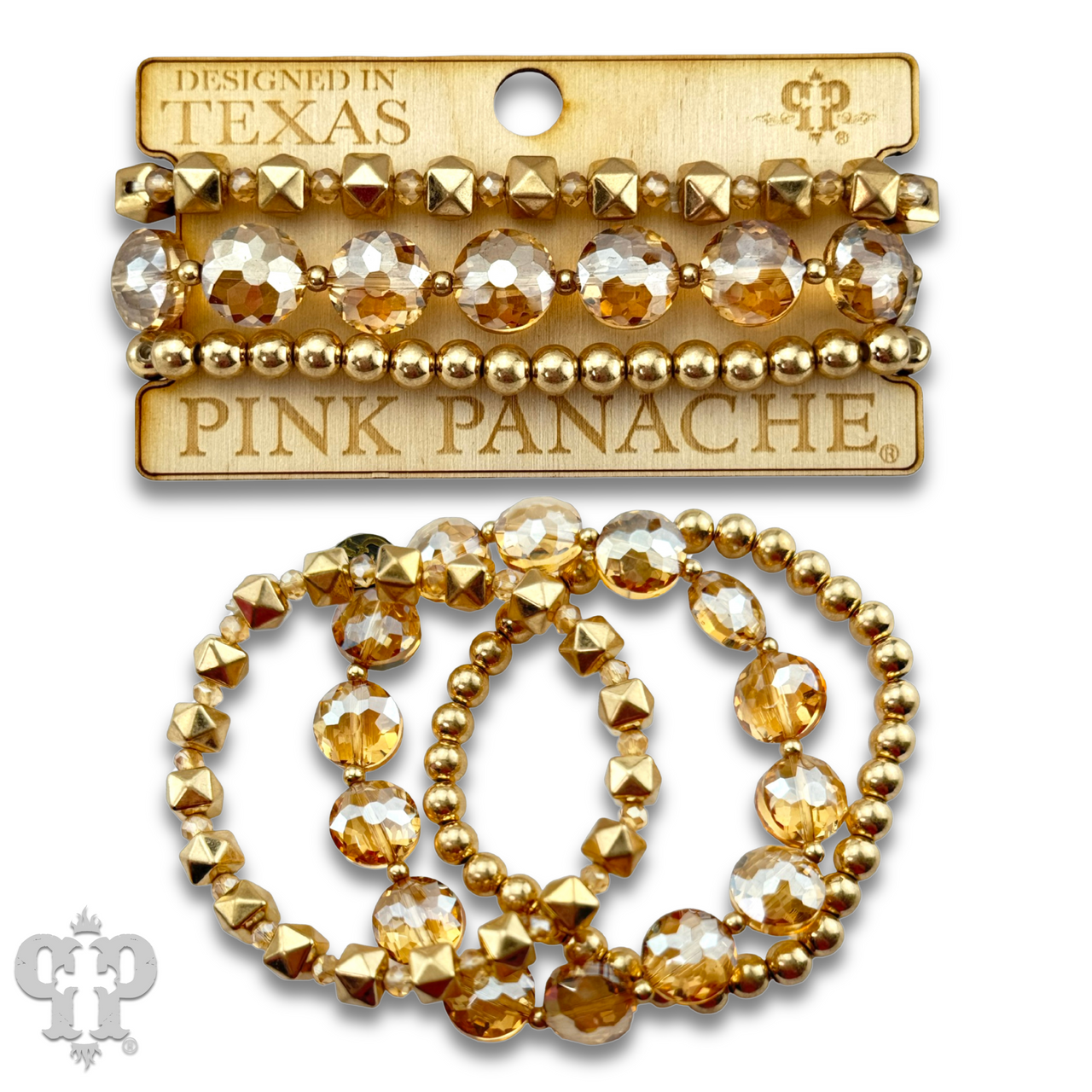 Gold and champagne bead bracelet from Pink Panache Brands featuring alternating round beads and a delicate clasp.