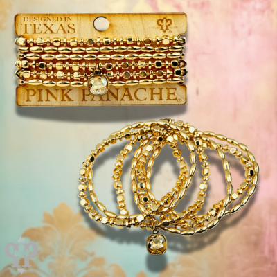 Gold bicone and square bead stacked bracelet by Pink Panache Brands, featuring layered gold-tone beads and stylish design.