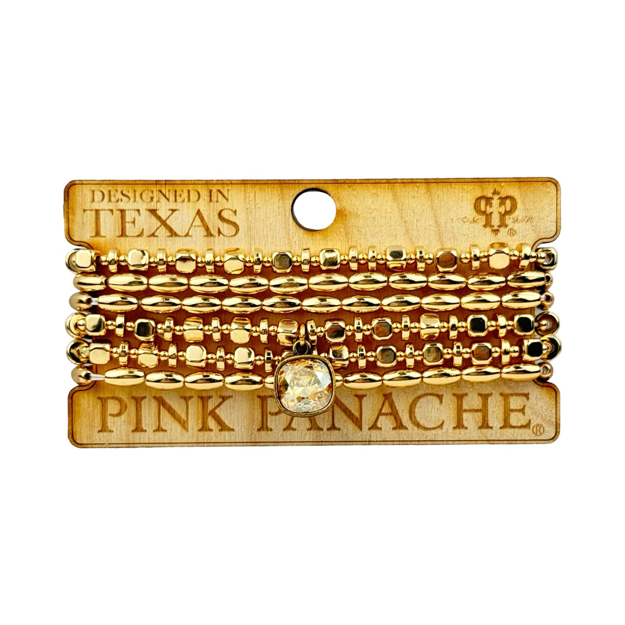 Gold bicone and square bead stacked bracelet from Pink Panache Brands, featuring shiny gold beads and modern design.