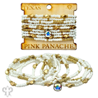 Gold, silver, and white pony bead stacked bracelet by Pink Panache Brands, featuring colorful beaded design on a flexible band.