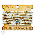 Stacked bracelet featuring gold, silver, and white pony beads with a pink Panache Brands logo, stylish and colorful accessory.