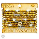 Gold, silver, and white pony bead stacked bracelet from Pink Panache Brands, featuring colorful beaded design and adjustable fit.