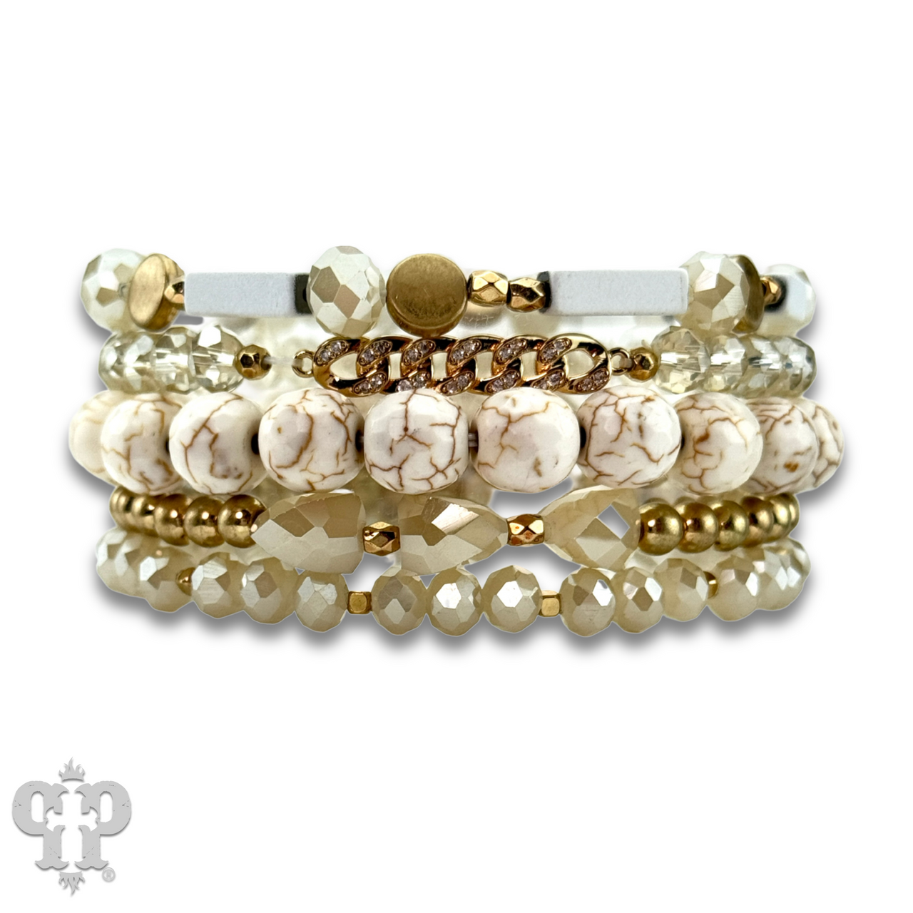 White stone, crystal, and gold bead bracelet featuring Pink Panache Brands' elegant jewelry design.